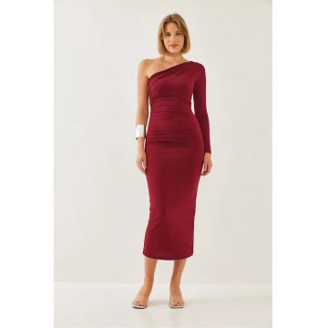 Rochie midi -  guler asimetric - volane - rosu - poliester-lycra