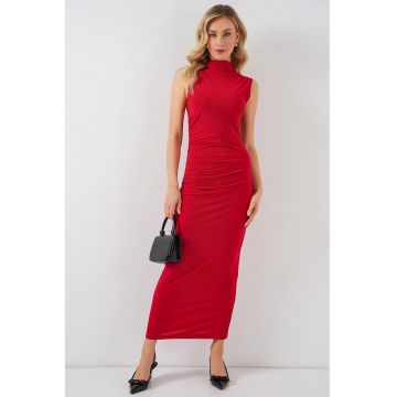 Rochie midi -  guler inalt - rosu - jerseu