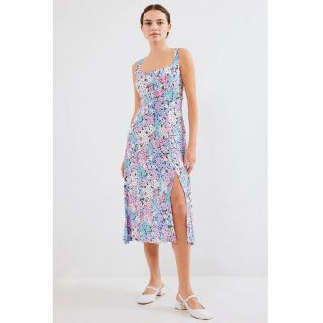Rochie midi  guler patrat - crapatura eleganta - albastra - viscoza