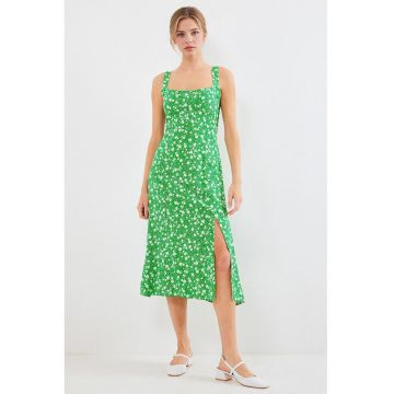 Rochie midi  guler patrat - crapatura eleganta - verde - viscoza