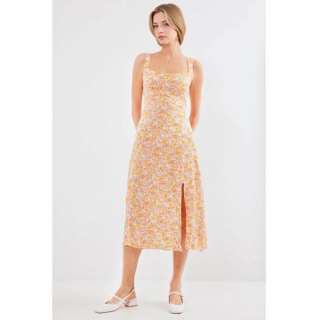 Rochie midi  guler patrat - crapatura eleganta