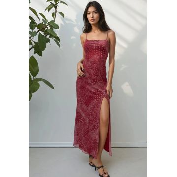 Rochie midi  guler patrat - imprimeu - rosu - textil -
