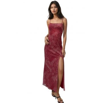 Rochie midi  guler patrat - imprimeu - rosu - textil
