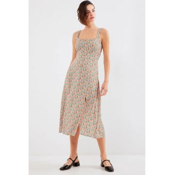 Rochie midi  mulata - cu guler patrat - crapatura eleganta - multicolor - viscoza