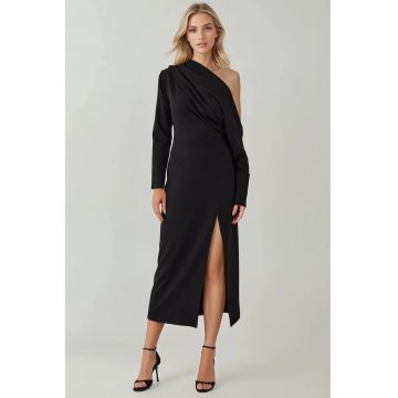 Rochie midi -  mulata - guler asimetric - crapatura - jerseu