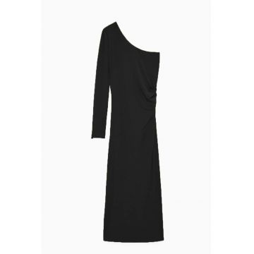 Rochie midi neagra - cu croiala pe un umar - maneca lunga si drapaj lateral subtil