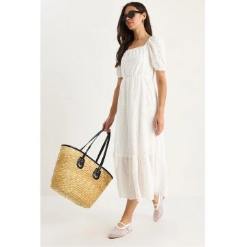 Rochie midi pentru dama -  decolteu patrat - poliester - alb