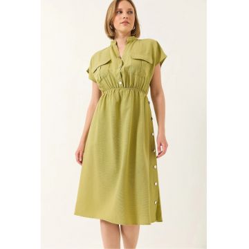 Rochie midi -  poplin - decolteu in V - buzunare - verde - viscoza