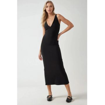 Rochie midi -  slim fit - decolteu in V - negru - viscoza-poliamida-elastan