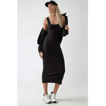 Rochie midi -  slim fit - guler in U - negru - modal - bumbac - elastan