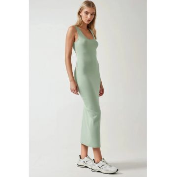 Rochie midi  slim fit - guler in U - verde menta - modal - bumbac - elastan