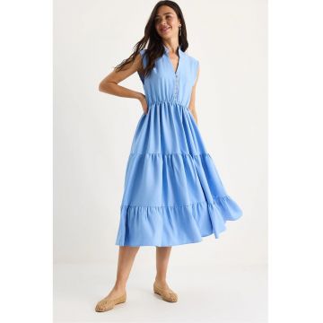 Rochie midi -  texturata cu dungi - decolteu in V - detalii cu volane - albastru - modal-viscoza