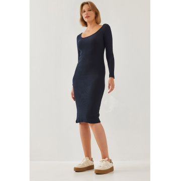 Rochie midi -  texturata cu nervuri - guler patrat - bleumarin - jerseu