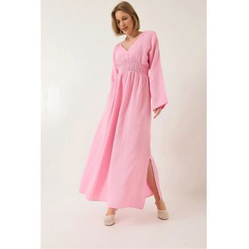 Rochie midi -  texturata - decolteu in V - talie smockata - roz - bumbac