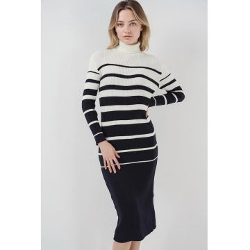 Rochie midi tricotata  cu guler inalt - dungi - negru/alb - tricot -