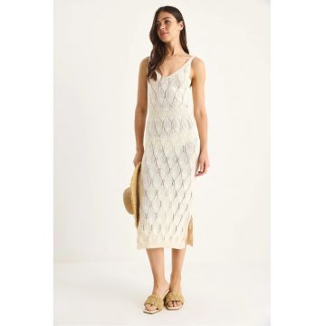 Rochie midi tricotata -  decolteu in V - texturata - bej - tricot -