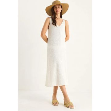 Rochie midi tricotata  decolteu in V - texturata - imprimeu la spate - bej - tricot -