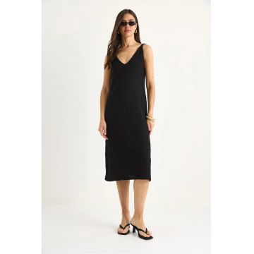 Rochie midi tricotata  decolteu in V - texturata - neagra - amestec bumbac-poliester -