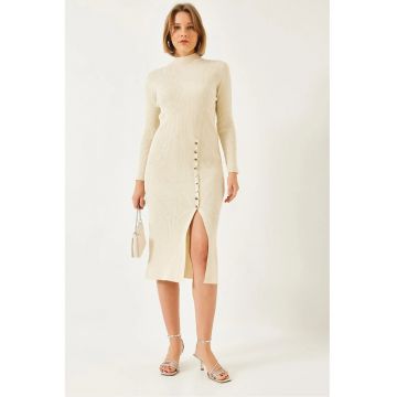 Rochie midi -  tricotata - guler inalt - bej - tricot -
