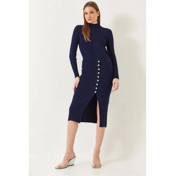 Rochie midi -  tricotata - guler inalt - bleumarin - tricot -