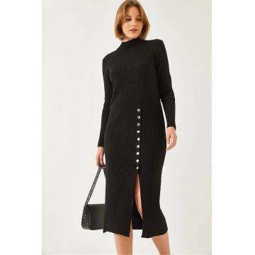 Rochie midi -  tricotata - guler inalt - negru -