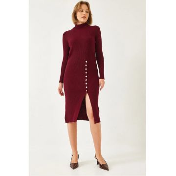 Rochie midi -  tricotata - guler inalt - visiniu - tricot -