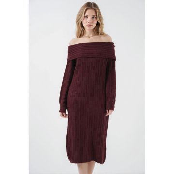 Rochie midi tricotata supradimensionata  guler Madonna - visiniu - tricot -