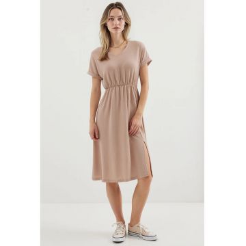 Rochie midi tricotata  texturata - decolteu in V - crapatura - bej - poliester -