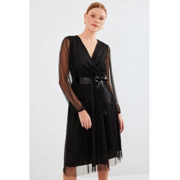Rochie midi tul  decolteu in V - negru - poliester
