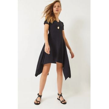 Rochie mini asimetrica -  decolteu in V - neagra - poliester-lycra
