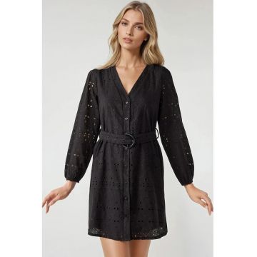 Rochie mini -  cu decolteu in V - maneci lungi - neagra - bumbac