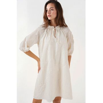 Rochie mini dama -  brodata - bumbac - bej