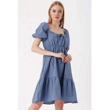 Rochie mini dama -  forma A - decolteu patrat - bumbac/poliester - albastru indigo
