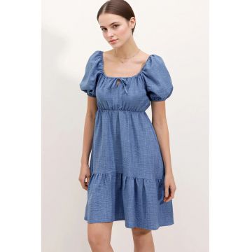 Rochie mini dama -  forma A - decolteu patrat - bumbac/poliester - albastru