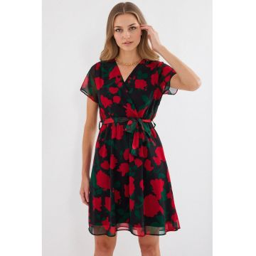 Rochie mini dama  imprimeu floral - textil - decolteu in V - multicolor