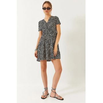 Rochie mini -  decolteu in V - buline - negru - poliester-elastan