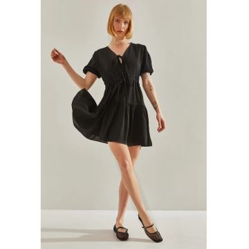 Rochie mini -  decolteu in V - funda - negru - poliester-bumbac