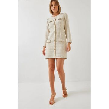 Rochie mini -  din tweed cu buzunare - bej - textil