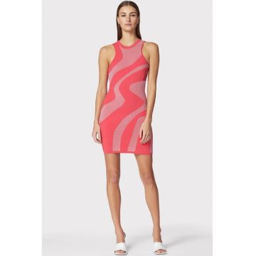 Rochie mini - fara maneci din jacquard dublu tricotat - cu imprimeu abstract