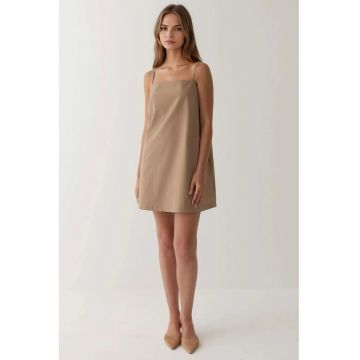 Rochie mini -  guler patrat - buzunare - bej - textil