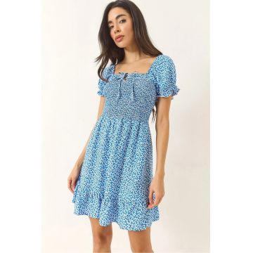 Rochie mini -  guler patrat - volane florale - albastru - viscoza