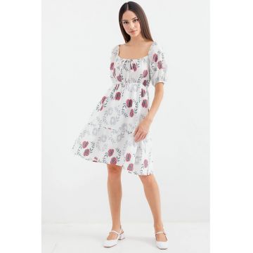 Rochie mini -  imprimeu floral - guler patrat - bej - poliester-bumbac