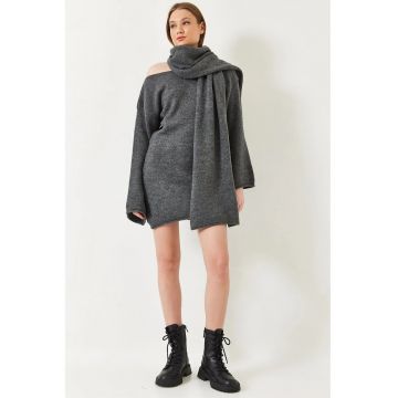 Rochie mini -  mulata - decolteu tip barca - gri inchis - jerseu -