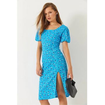 Rochie mini -  texturata - imprimeu floral - albastra - textil