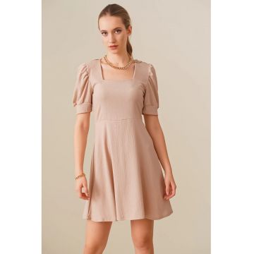 Rochie mini tricotata  guler patrat - bej - poliester