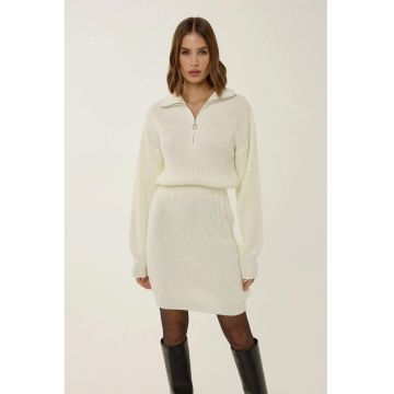 Rochie mini tricotata -  talie inalta - bej - jerseu