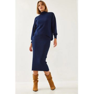 Rochie -  Set de tricotaje cu guler cu nervuri - bleumarin - tricot -