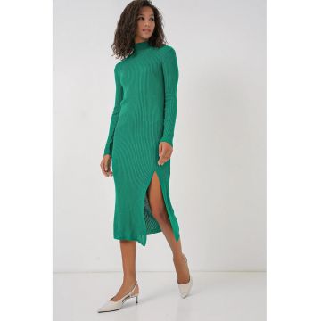 Rochie  texturata tricotata cu guler rotund - verde - tricot -