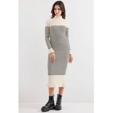 Rochie tricotata  guler inalt - dungi - ecru - material acril si lana -