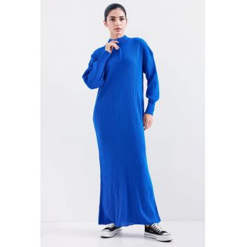 Rochie tricotata  guler inalt - fermoar - albastru cobalt - material texturat -